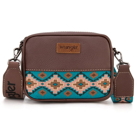 Wrangler Crossbody Bag for Women Aztec Mini Crossover Purse with Guitar Strap, Coffee With Turquoise