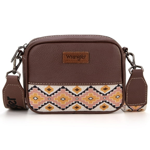 Wrangler Crossbody Bag for Women Aztec Mini Crossover Purse with Guitar Strap, Coffee