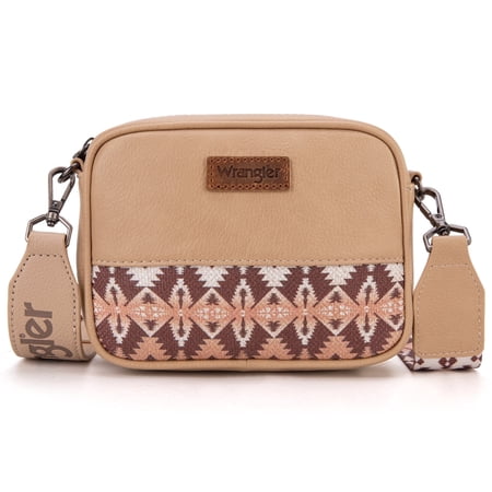 Wrangler Crossbody Bag for Women Aztec Mini Crossover Purse with Guitar Strap, Khaki With Light Coffee