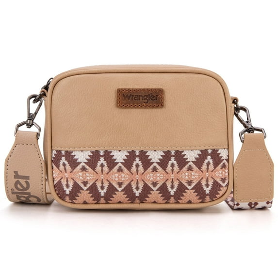Wrangler Crossbody Bag for Women Aztec Mini Crossover Purse with Guitar Strap, Khaki With Light Coffee