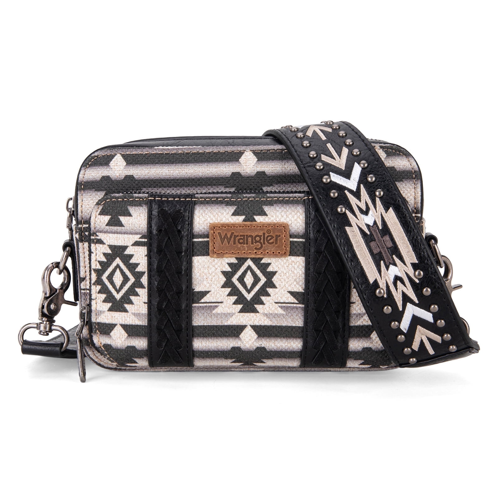 Wrangler Crossbody Bag for Women Boho Aztec Small Multi Pocket Crossover Purse, Black