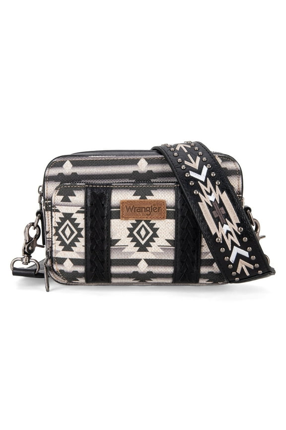 Wrangler Crossbody Bag for Women Boho Aztec Small Multi Pocket Crossover Purse, Black