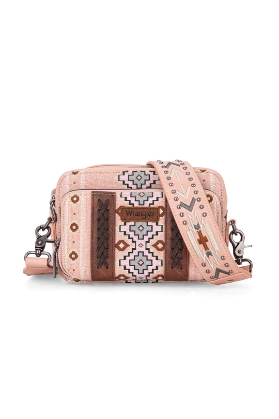 Wrangler Crossbody Bag for Women Boho Aztec Small Multi Pocket Crossover Purse, Pink