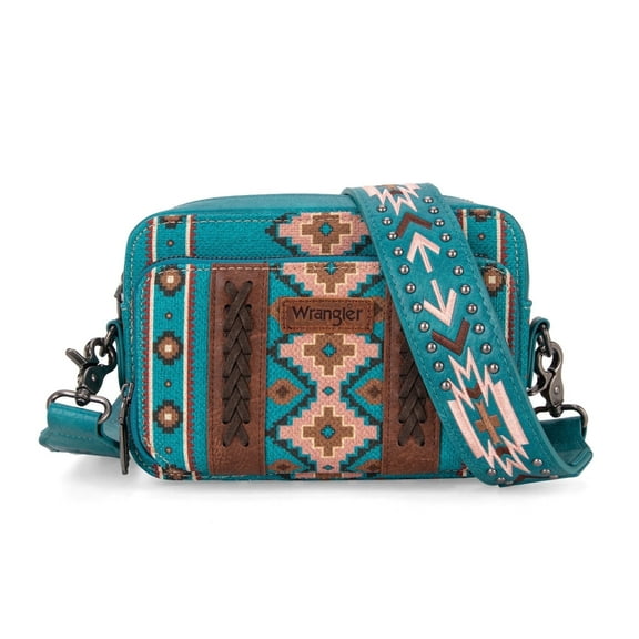Wrangler Crossbody Bag for Women Boho Aztec Small Multi Pocket Crossover Purse, Turquoise