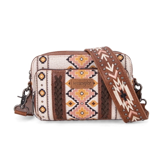 Wrangler Crossbody Bag for Women Boho Aztec Small Multi Pocket Crossover Purse, Coffee