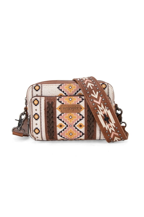 Wrangler Crossbody Bag for Women Boho Aztec Small Multi Pocket Crossover Purse, Coffee