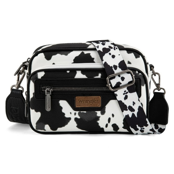 Wrangler Crossbody Bag for Women Multi Pocket Crossover Bag Shoulder Pursea with Adjustable Strap, Cow Print Black