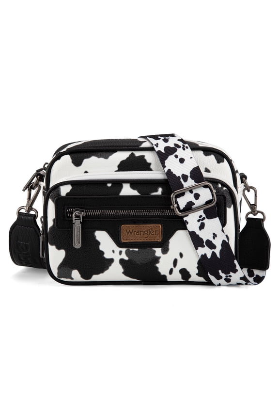 Wrangler Crossbody Bag for Women Multi Pocket Crossover Bag Shoulder Pursea with Adjustable Strap, Cow Print Black