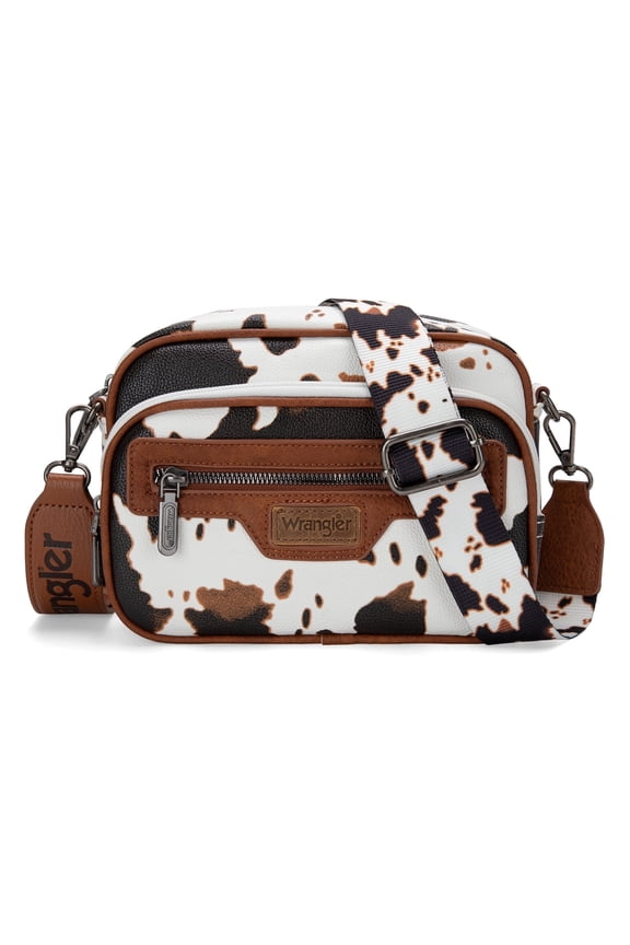 Wrangler Crossbody Bag for Women Multi Pocket Crossover Bag Shoulder Pursea with Adjustable Strap, Cow Print Brown