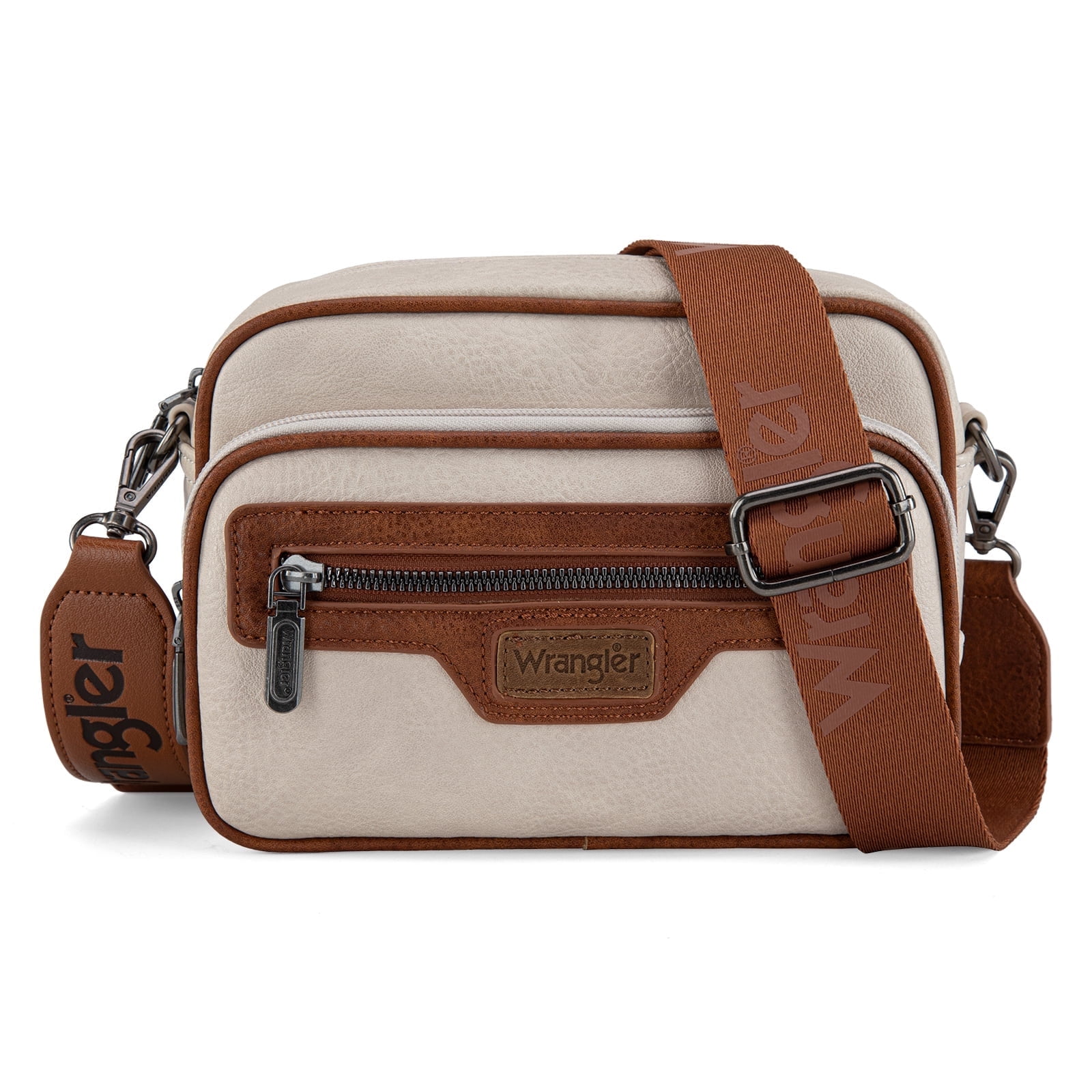 Wrangler Crossbody Bag for Women Multi Pocket Crossover Bag Shoulder Pursea with Adjustable Strap, Beige & Brown