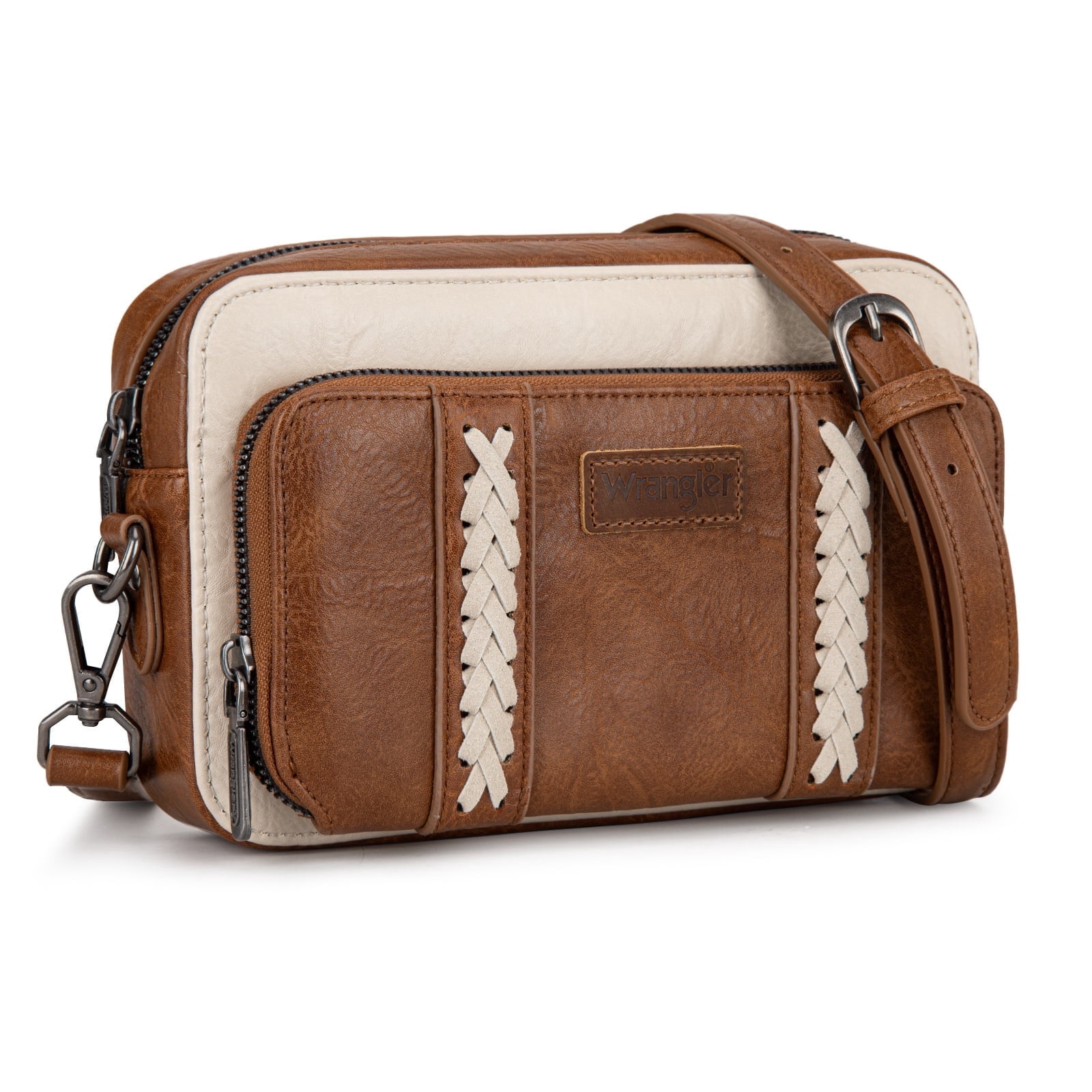 Wrangler Crossbody Bag for Women Vegan Leather Western Shoulder Purse Small Multi Pocket Crossbody Wallet Purse Crossover Bags with Adjustable Strap, Brown-Begie