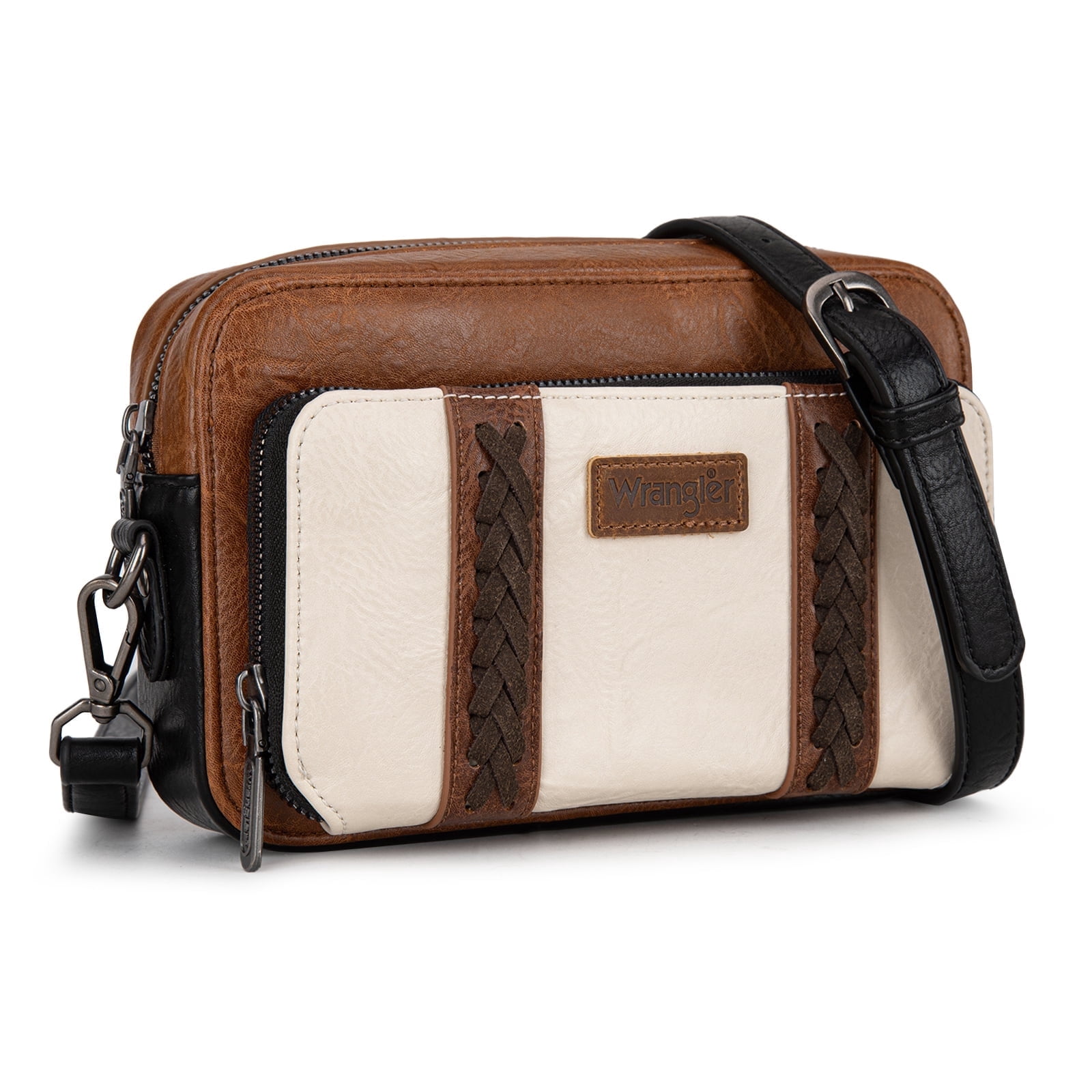 Wrangler Crossbody Bag for Women Vegan Leather Western Shoulder Purse Small Multi Pocket Crossbody Wallet Purse Crossover Bags with Adjustable Strap, Brown-Tan
