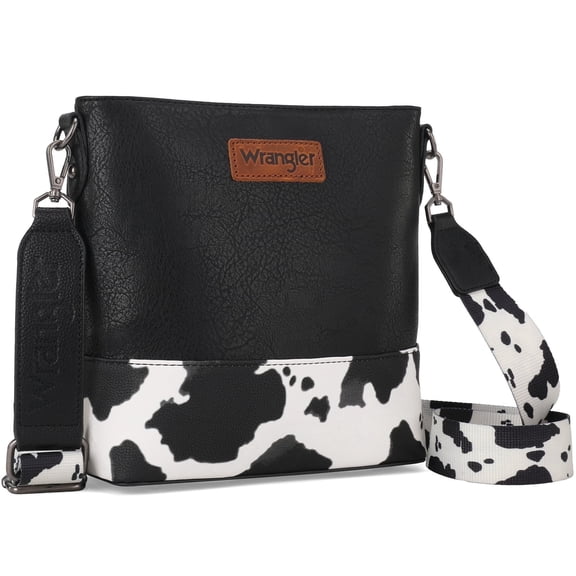 Wrangler Crossbody Purses for Women Two Tone Crossbody Bags Women Purses and Handbags, Cow Print-Black