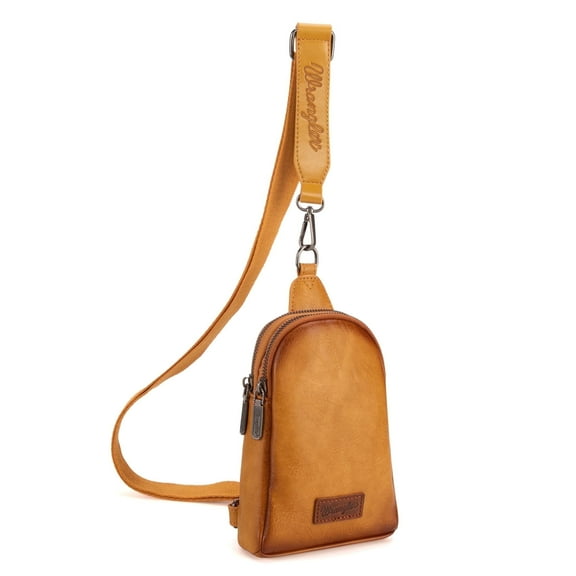 Wrangler Crossbody Sling Bags for Women Cross Body Fanny Pack Purse with Detachable Strap Zipper 7.5 "H, Distressed-Dark Brown, Distressed-Mustard