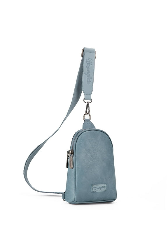 Wrangler Crossbody Sling Bags for Women Cross Body Fanny Pack Purse with Detachable Strap Zipper 7.5 "H, Distressed-Dark Brown, Jean