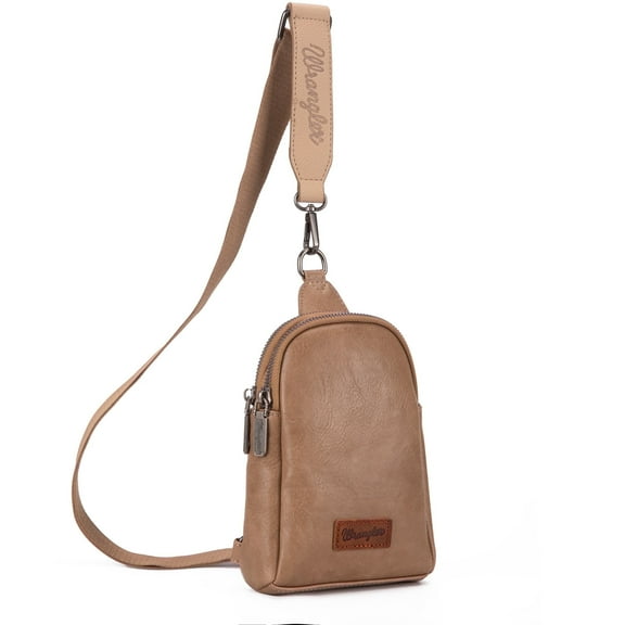 Wrangler Crossbody Sling Bags for Women Cross Body Fanny Pack Purse with Detachable Strap Zipper 7.5 "H, Distressed-Dark Brown, Beige