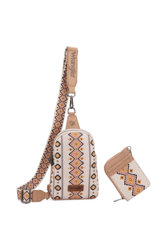 Wrangler Aztec Crossbody Sling Bags for Women Wallet Set,Brown