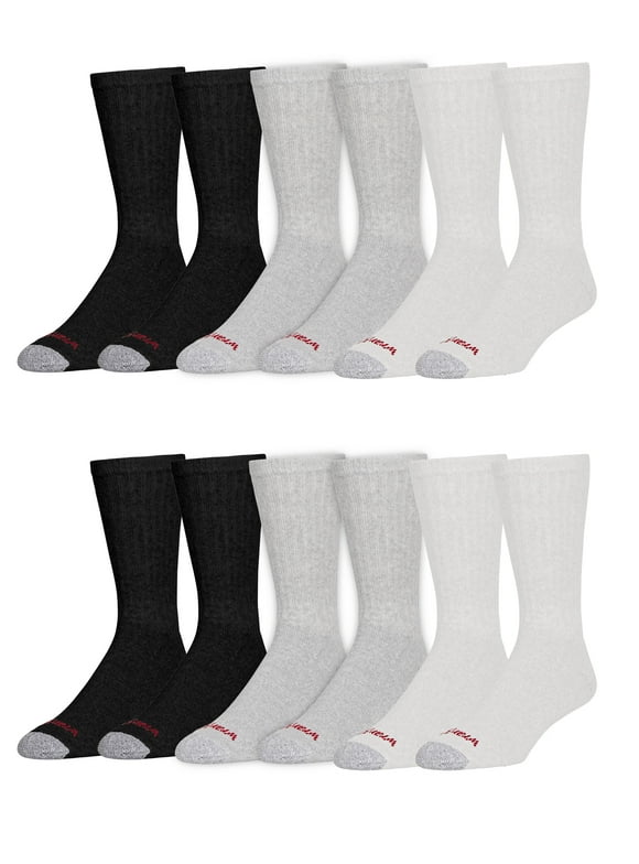 Cushioned Crew Work Socks, Size 6-12, White/Gray/Black, 12 Pairs