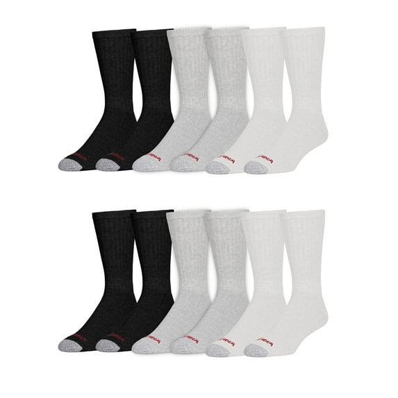 Wrangler Cushioned Crew Work Socks, Size 6-12, White/Gray/Black, 12 Pairs