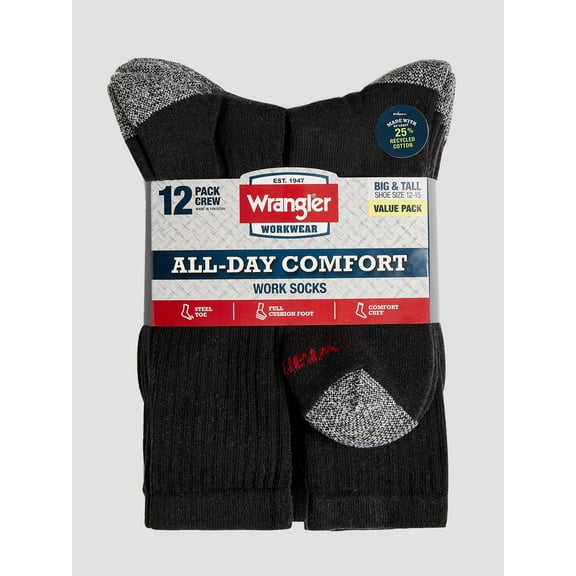 Wrangler Cushioned Crew Work Socks for Men, Polyester Blend, 12 Pairs, Size 13-15