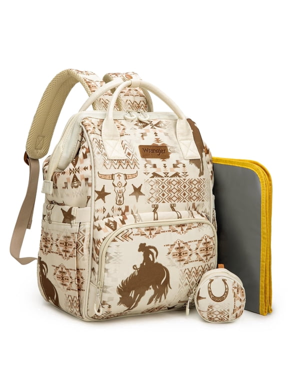 Wrangler Diaper Bag Backpack Western Backpack Purses with Changing Pad and Pacifier Case, Cow-Brown