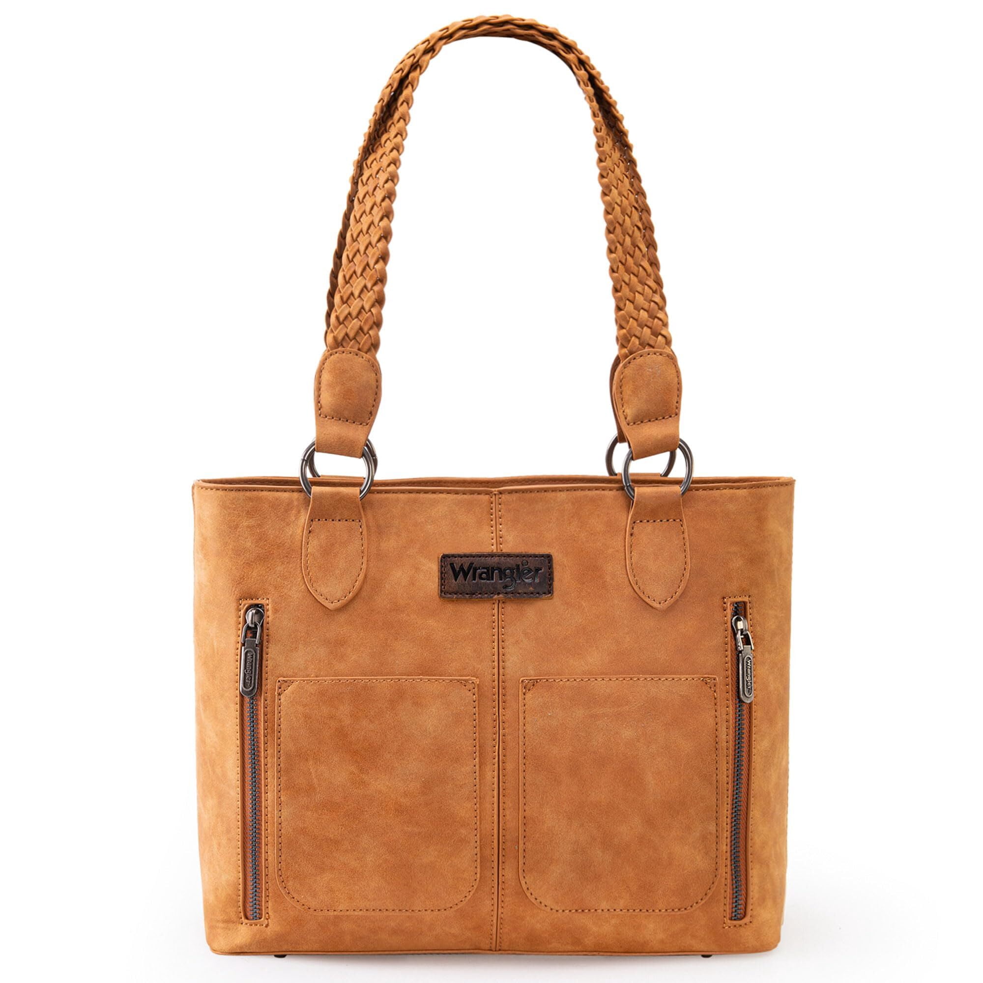 Wrangler Distressed Tote Bag for Women Western Purse Multi Pockets Handbags and Shoulder Bag, Braided-Tan