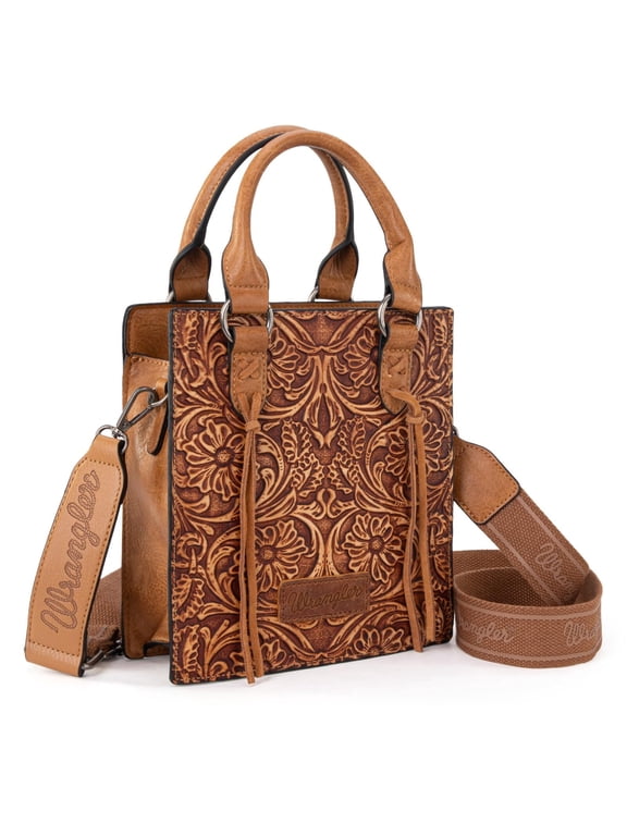 Wrangler Embossed Crossbody Bag for Women Top Handle Fringe Handbags and Western Mini Tote, Light Brown