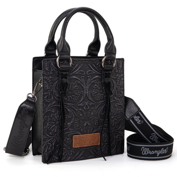 Wrangler Embossed Crossbody Bag for Women Top Handle Fringe Handbags and Western Mini Tote, Black