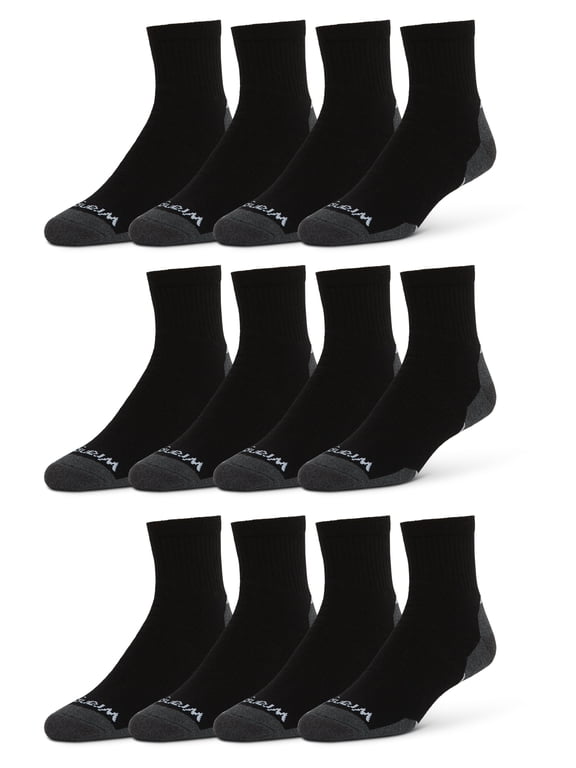 Essential Cool Comfort Men’s Quarter Socks, Full-Cushion Crew Socks, 6-12, Black, 12-Pack
