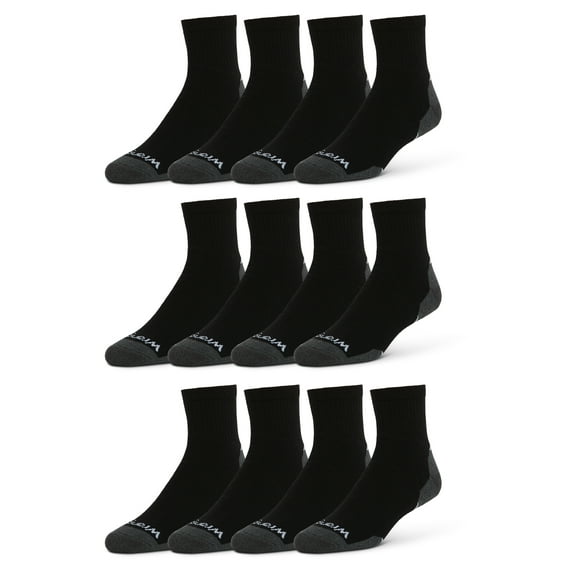Wrangler Essential Cool Comfort Men’s Quarter Socks, Full-Cushion Crew Socks, 6-12, Black, 12-Pack