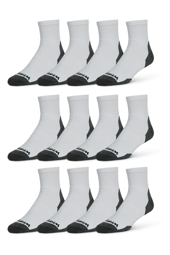 Essential Cool Comfort Men’s Quarter Socks, Full-Cushion Crew Socks, 6-12, White, 12-Pack