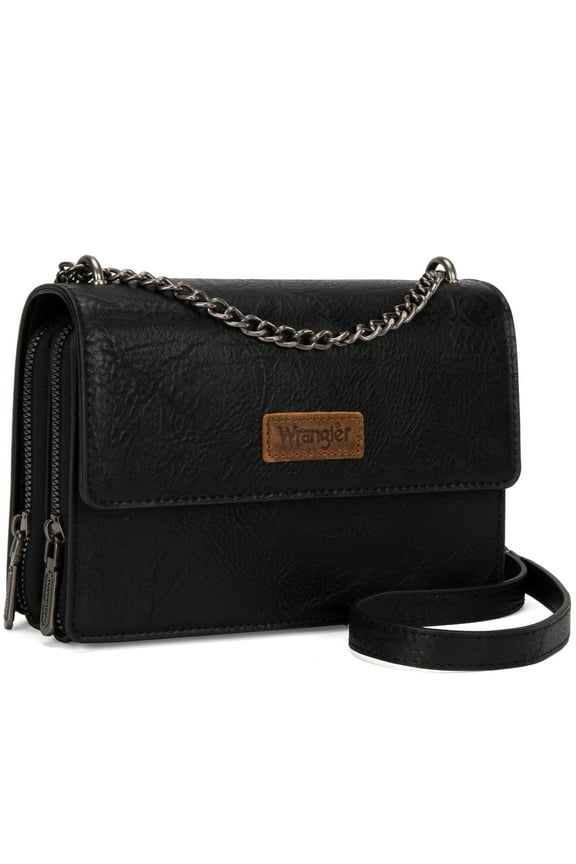 Wrangler Flap CrossBody Purse for Women Small Shoulder Bag with Chain Strap, Black