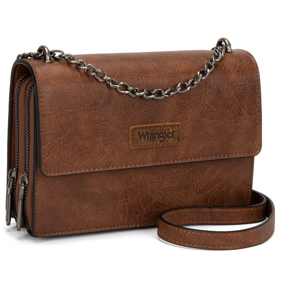 Wrangler Flap CrossBody Purse for Women Small Shoulder Bag with Chain Strap, Dark Brown