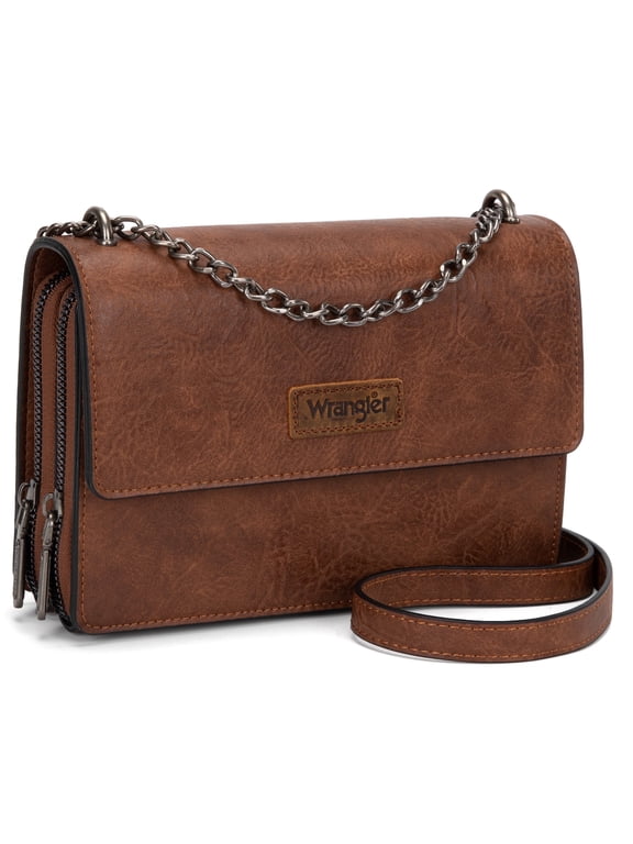 Wrangler Flap CrossBody Purse for Women Small Shoulder Bag with Chain Strap, Dark Brown