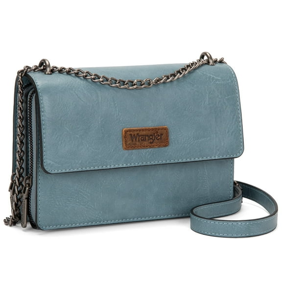 Wrangler Flap CrossBody Purse for Women Small Shoulder Bag with Chain Strap, Jean