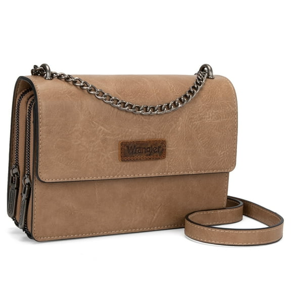 Wrangler Flap CrossBody Purse for Women Small Shoulder Bag with Chain Strap, Khaki