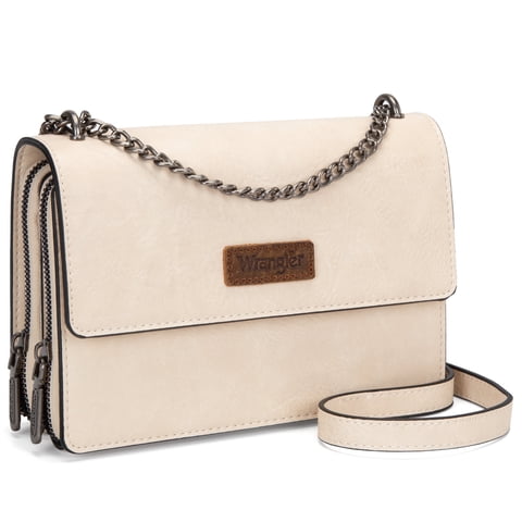 Wrangler Flap CrossBody Purse for Women Small Shoulder Bag with Chain Strap, Tan