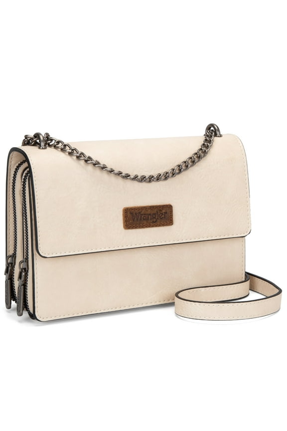 Wrangler Flap CrossBody Purse for Women Small Shoulder Bag with Chain Strap, Tan