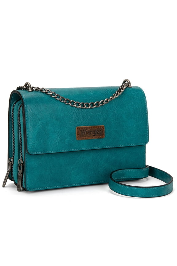 Wrangler Flap CrossBody Purse for Women Small Shoulder Bag with Chain Strap, Turquoise