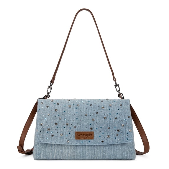 Wrangler Rhinestone Denim Canvas Crossbody Shoulder Bag for Women Bling Handbag, Jean
