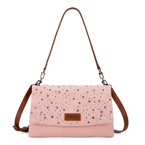 Wrangler Rhinestone Denim Canvas Crossbody Shoulder Bag for Women Bling Handbag, Pink
