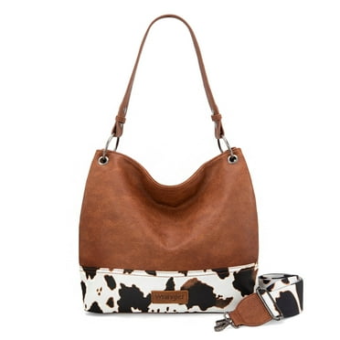 Wrangler Hobo Bags for Women Vegan Leather Top Handle Shoulder Purses and Handbags, Cow Print-Brown