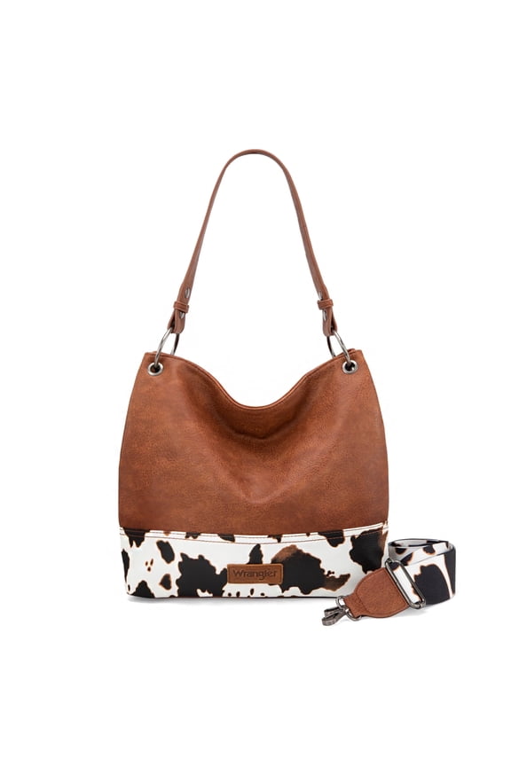 Wrangler Hobo Bags for Women Vegan Leather Top Handle Shoulder Purses and Handbags, Cow Print-Brown