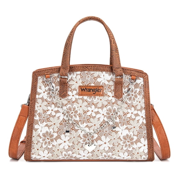 Wrangler Lace Tote Bag for Women, Medium Crossbody Top Handle Handbags Ladies Satchel Elegant Purse Charms for Wedding Gift, Brown
