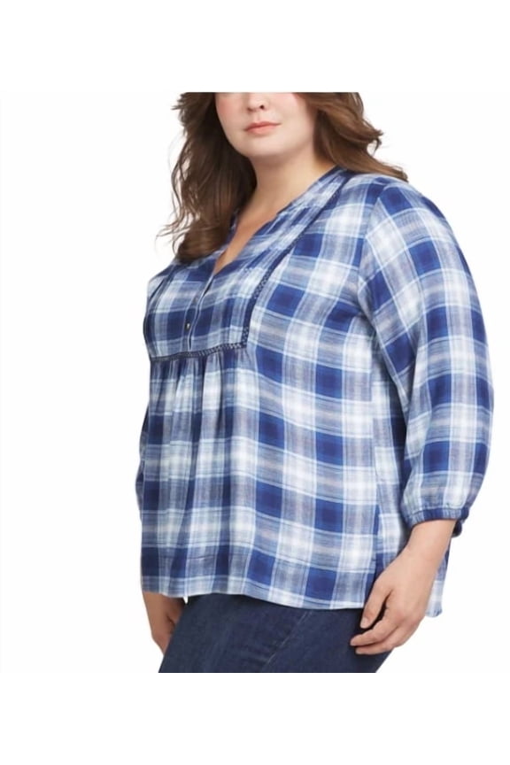 Womens Blouse Plaid 3/4 Sleeves Lightweight Elastic Cuffs