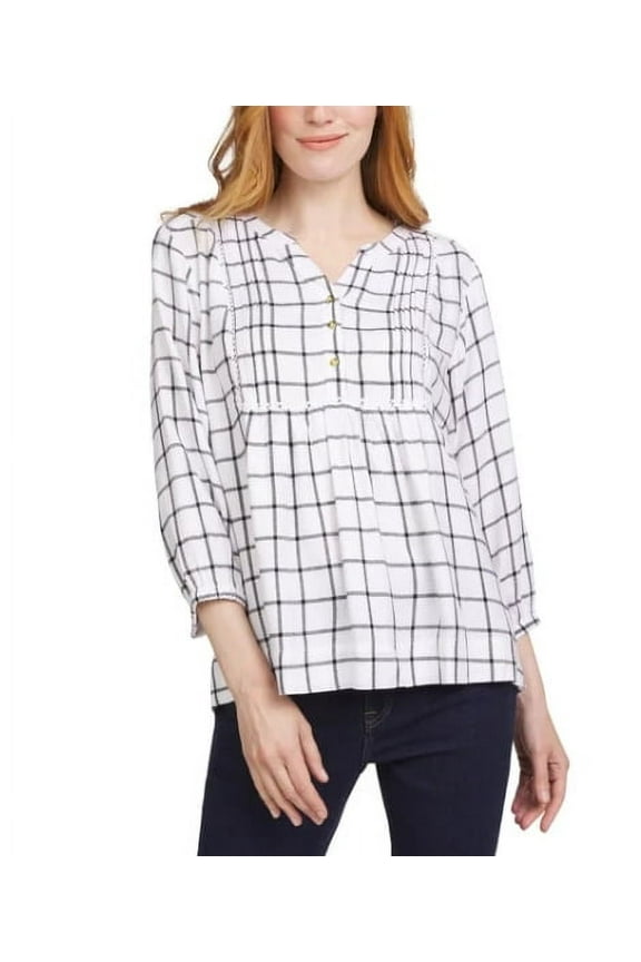 Ladies' Bracelet Cuffs 3/4 Sleeve Plaid Blouse | White, XX-Large