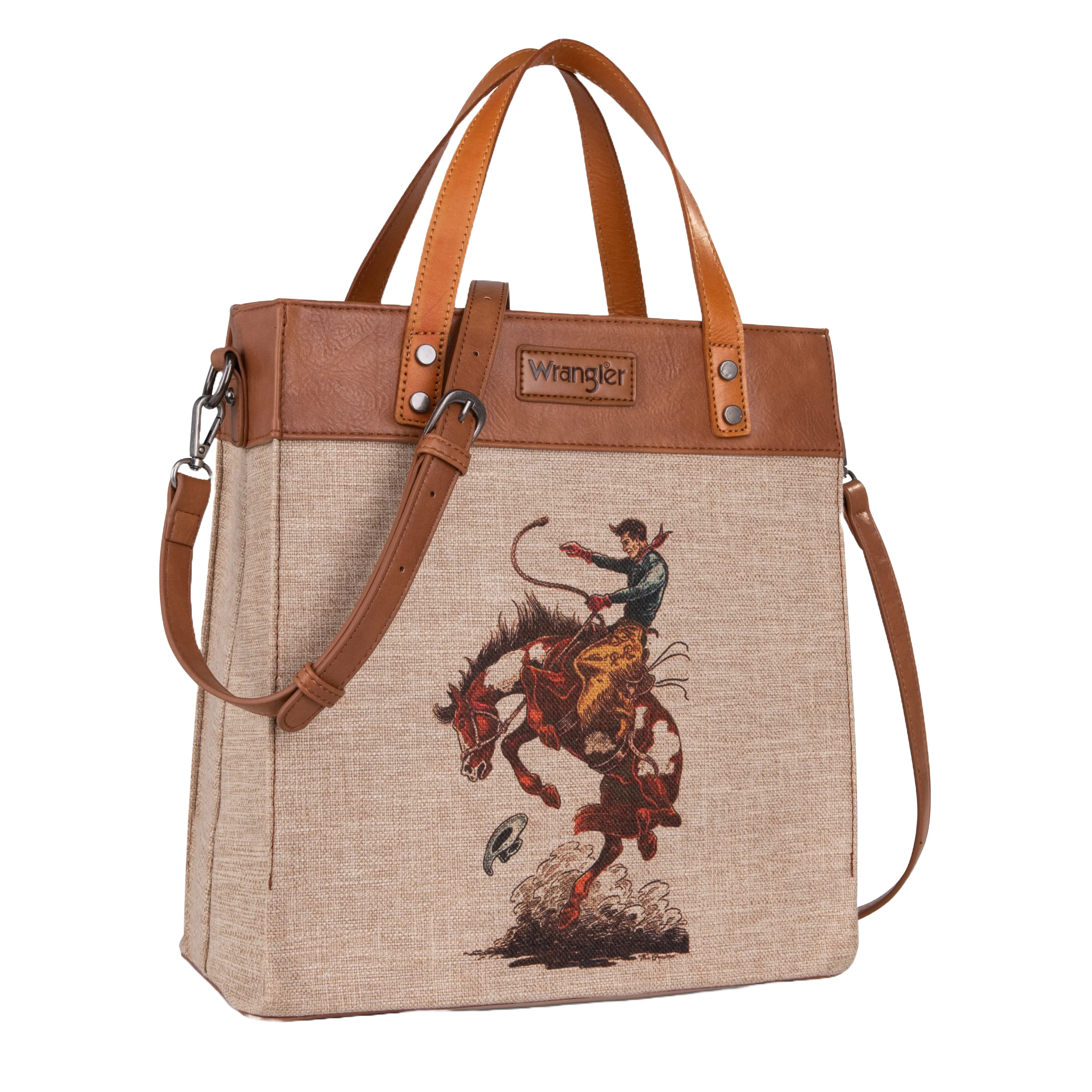 Wrangler Ladies Bucking Bronco Canvas Tan Crossbody Tote Bag WG54