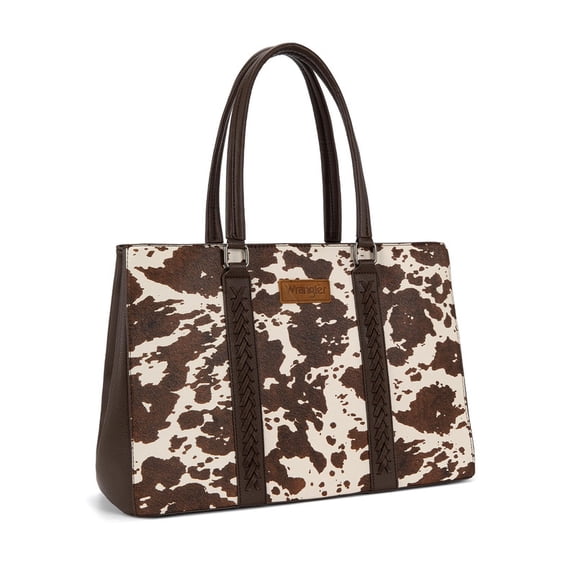 Wrangler Laptop Tote Bag for Women 15.6 Inch Computer Bag for Work Large Double Compartment Purse and Handbag,Cow Print Coffee