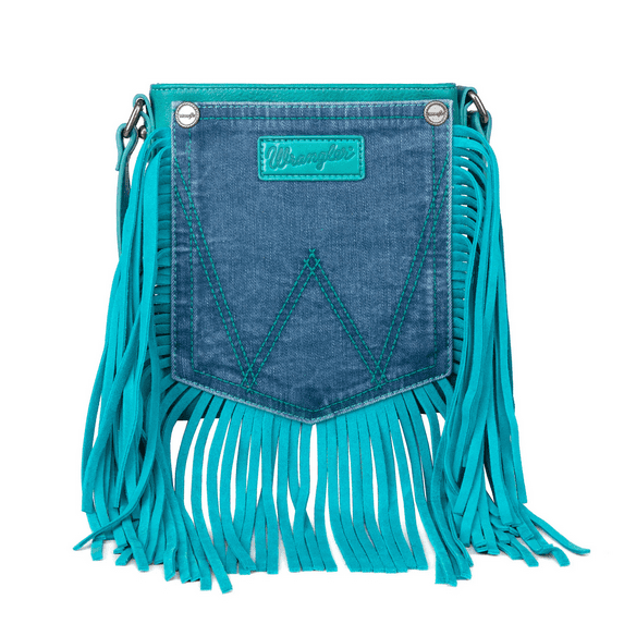 Wrangler Ladies Leather Fringe Denim Turquoise Crossbody Bag WG44-8360TQ