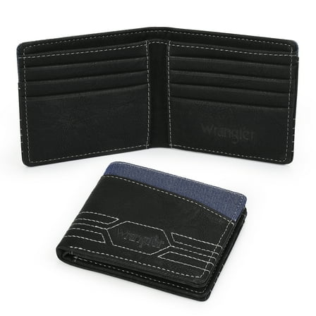Wrangler Leather Wallets for Men, Bifold Wallet RFID Blocking Slim Minimalist Front Pocket - Thin & Stylish (Black)